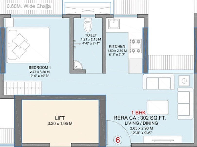 Floor plan of 1 BHK 302 Sq. Ft. Apartment in Shraddha Panache, Mumbai