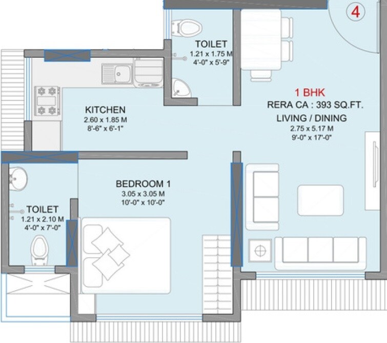 1 BHK 393 Sq. Ft. Apartment