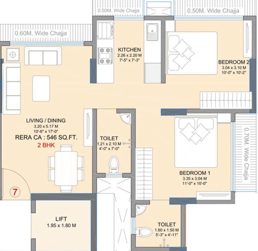 Floor plan of 2 BHK 546 Sq. Ft. Apartment in Shraddha Panache, Mumbai