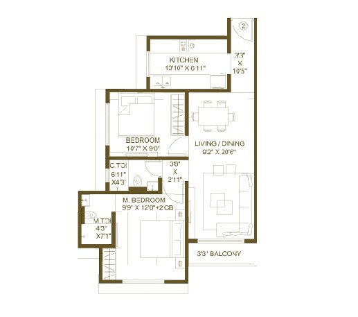 Floor plan of 2 BHK 520 Sq. Ft. Apartment in Shraddha Panorama, Mumbai