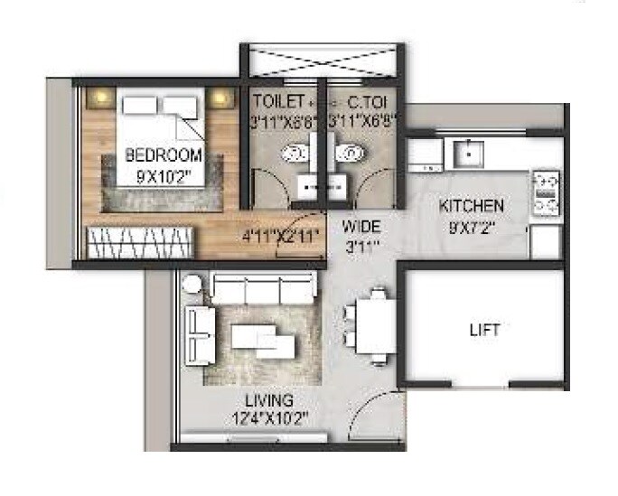 Floor plan of 1 BHK 382 Sq. Ft. Apartment in Shraddha Pavillion, Mumbai