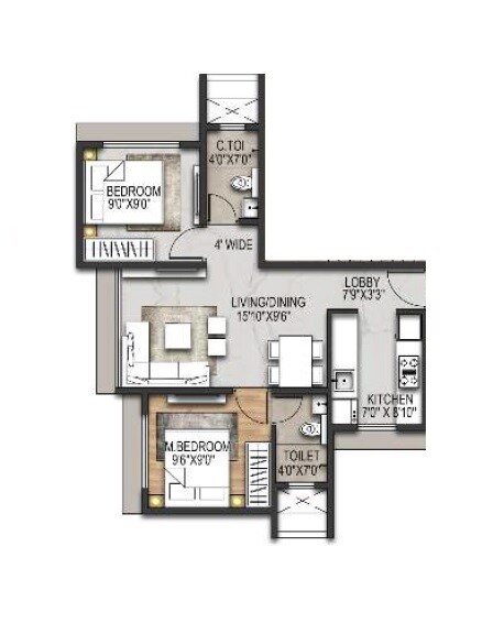 Floor plan of 2 BHK 492 Sq. Ft. Apartment in Shraddha Pavillion, Mumbai