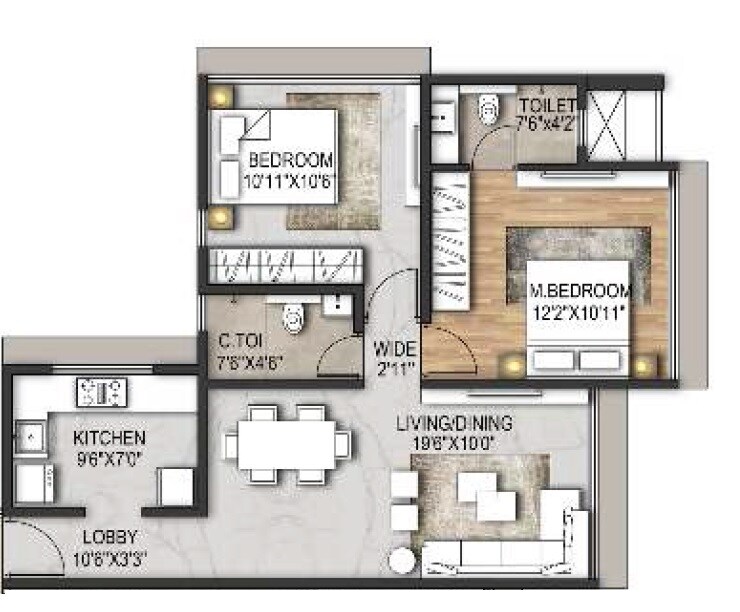 Floor plan of 2 BHK 658 Sq. Ft. Apartment in Shraddha Pavillion, Mumbai