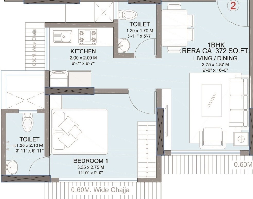 Floor plan of 1 BHK 372 Sq. Ft. Apartment in Shraddha Pearl, Mumbai