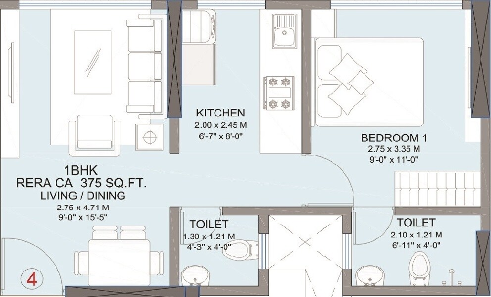 Floor plan of 1 BHK 375 Sq. Ft. Apartment in Shraddha Pearl, Mumbai
