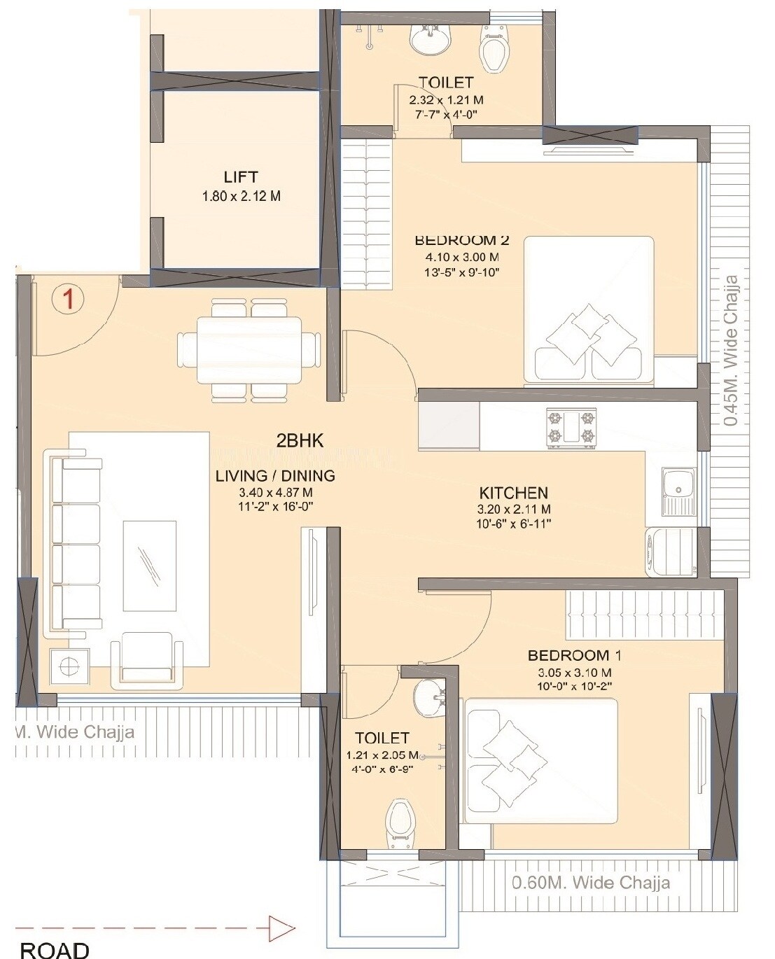 Floor plan of 2 BHK 678 Sq. Ft. Apartment in Shraddha Pearl, Mumbai