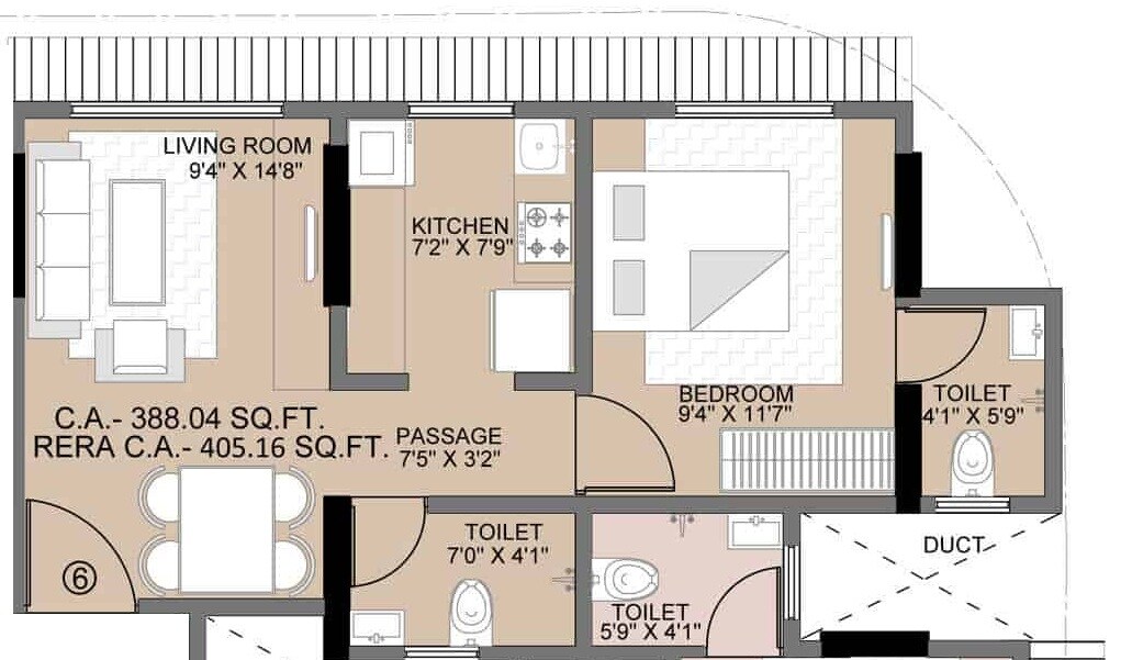 Floor plan of 1 BHK 405 Sq. Ft. Apartment in Shraddha Pinnacle, Mumbai
