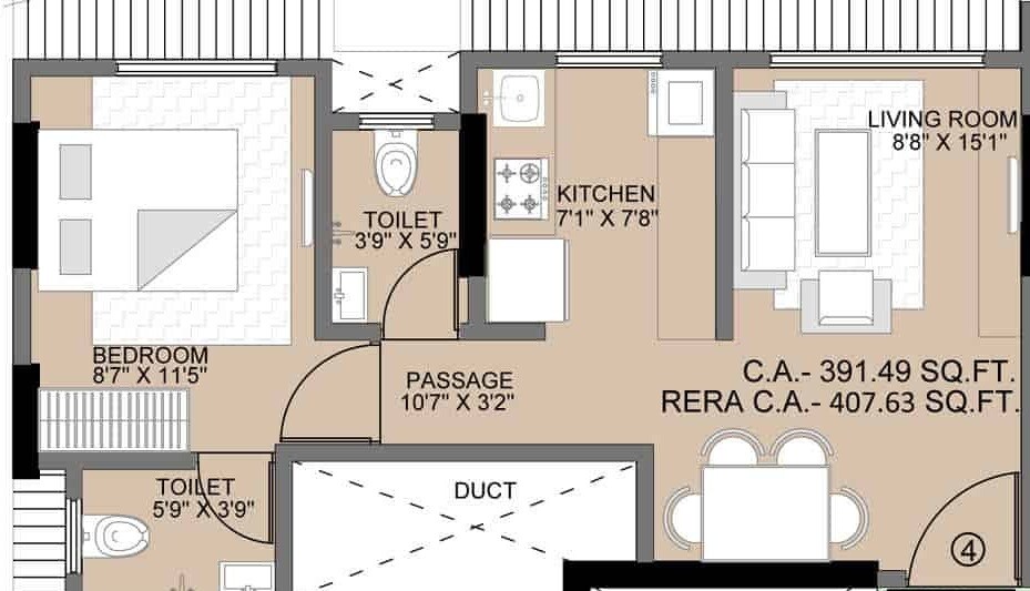 Floor plan of 1 BHK 407 Sq. Ft. Apartment in Shraddha Pinnacle, Mumbai