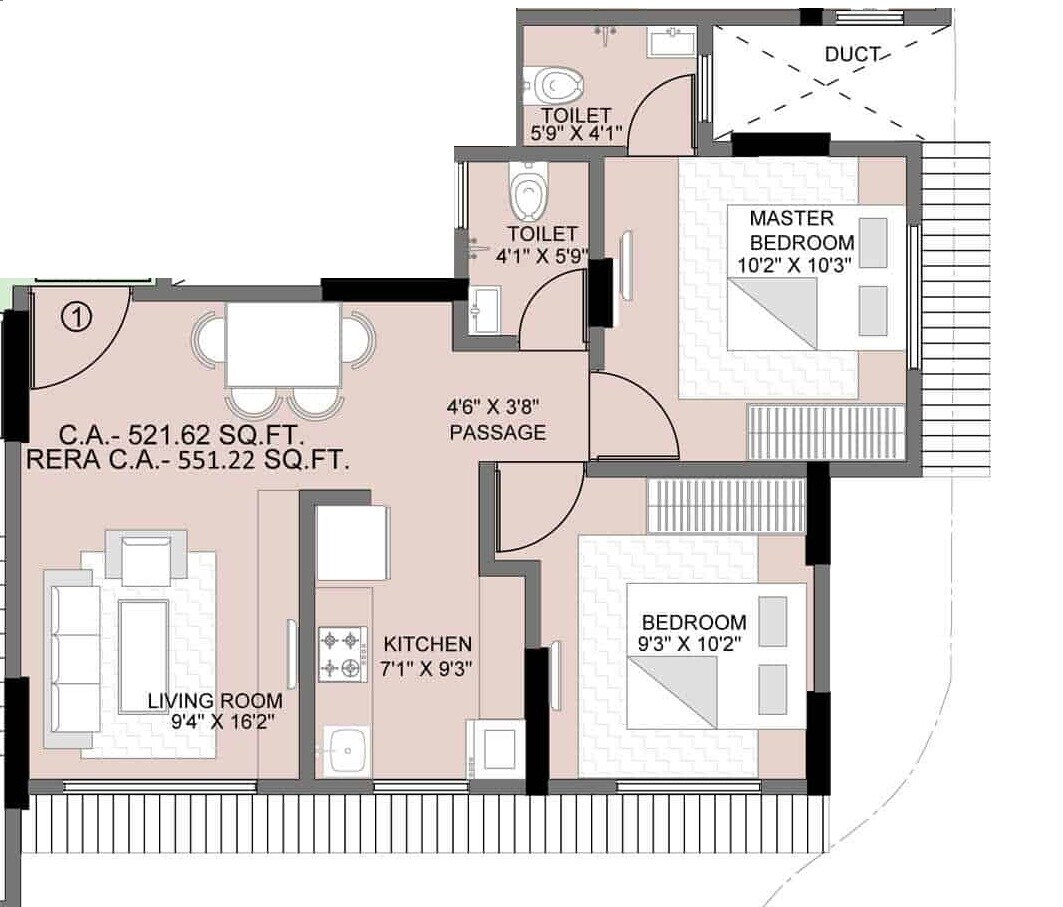 2 BHK 521 Sq. Ft. Apartment