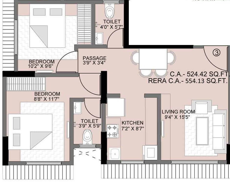 Floor plan of 2 BHK 554 Sq. Ft. Apartment in Shraddha Pinnacle, Mumbai