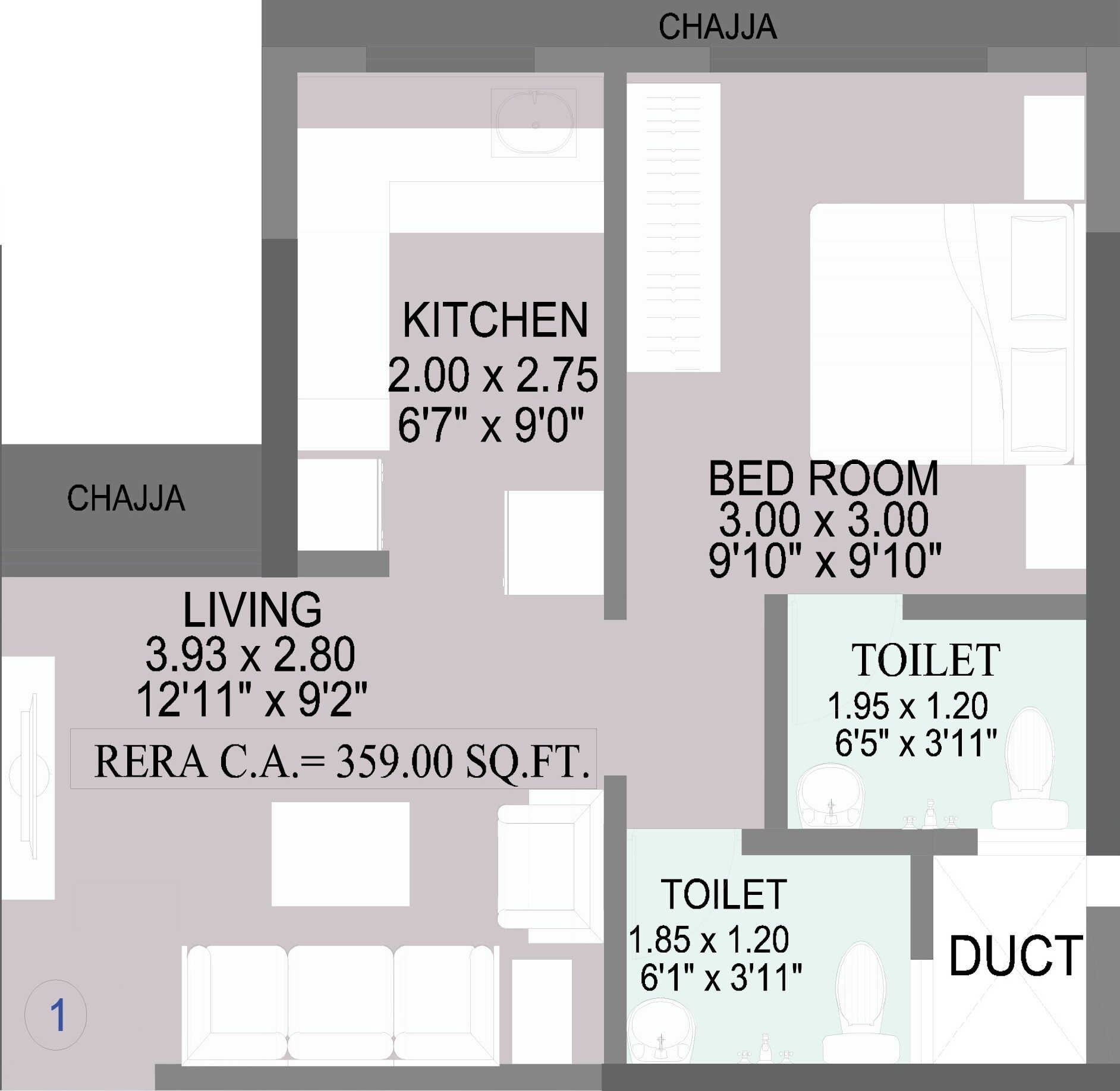 Floor plan of 1 BHK 359 Sq. Ft. Apartment in Shraddha Pleasant, Mumbai