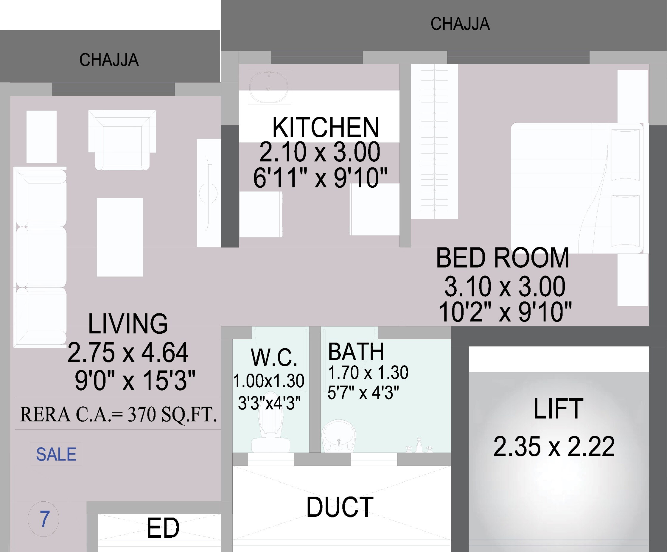 Floor plan of 1 BHK 370 Sq. Ft. Apartment in Shraddha Pleasant, Mumbai