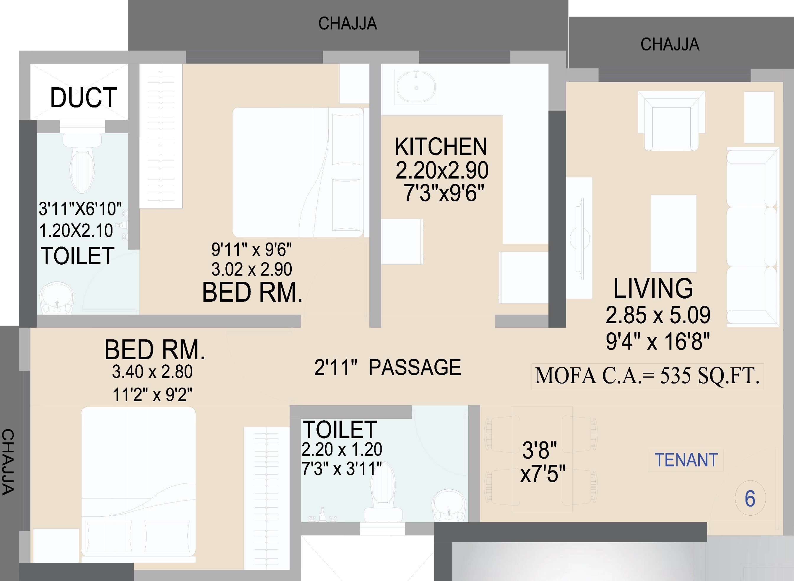 Floor plan of 2 BHK 535 Sq. Ft. Apartment in Shraddha Pleasant, Mumbai