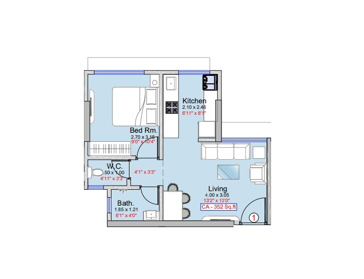 Floor plan of 1 BHK 374 Sq. Ft. Apartment in Shraddha Presidency, Mumbai