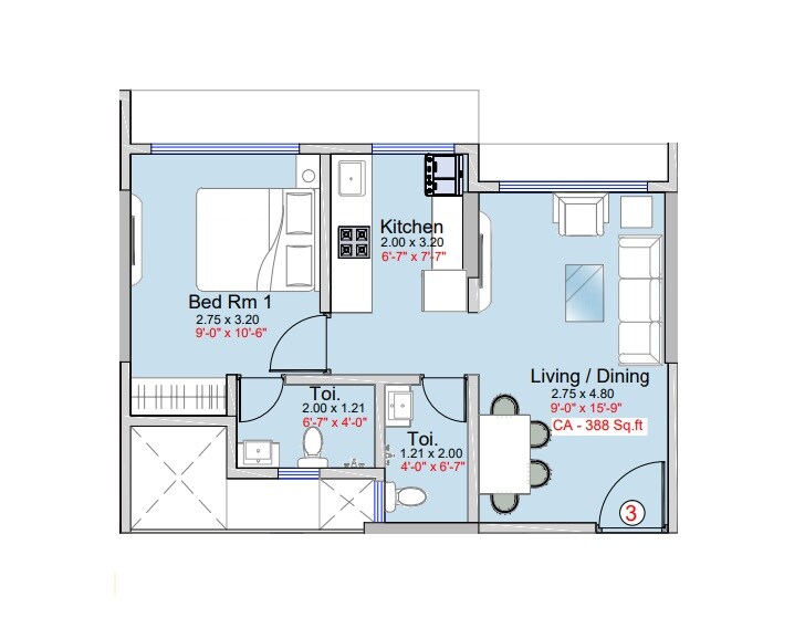 Floor plan of 1 BHK 388 Sq. Ft. Apartment in Shraddha Presidency, Mumbai