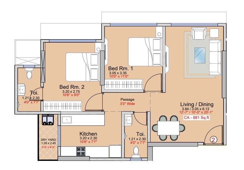 Floor plan of 2 BHK 681 Sq. Ft. Apartment in Shraddha Presidency, Mumbai