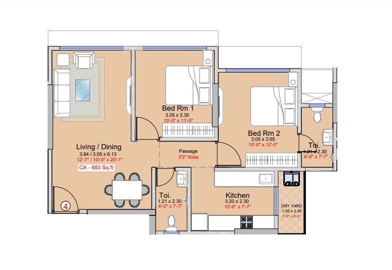 Floor plan of 2 BHK 683 Sq. Ft. Apartment in Shraddha Presidency, Mumbai