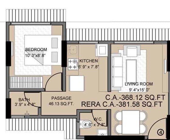 Floor plan of 1 BHK 382 Sq. Ft. Apartment in Shraddha Prestige, Mumbai