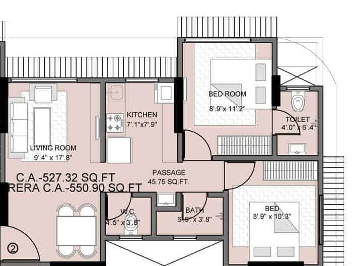 Floor plan of 2 BHK 551 Sq. Ft. Apartment in Shraddha Prestige, Mumbai