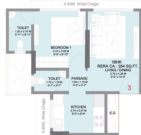 Floor plan of 1 BHK 354 Sq. Ft. Apartment in Shraddha Privilege, Mumbai