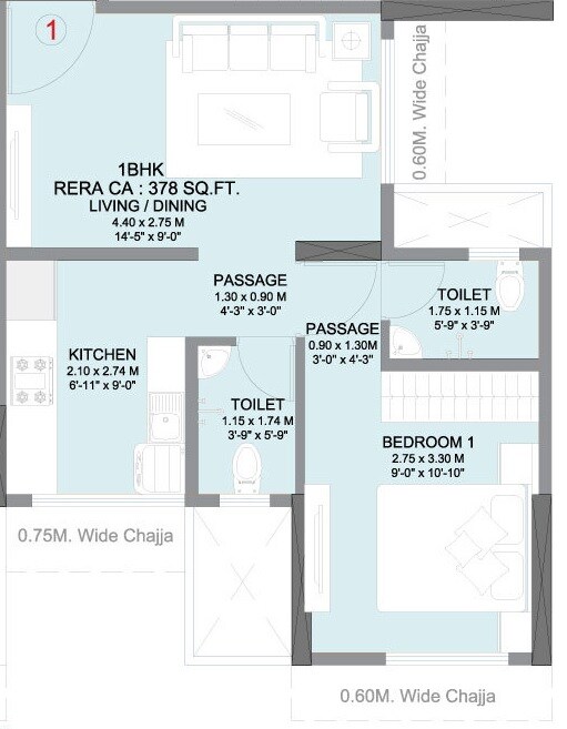 Floor plan of 1 BHK 378 Sq. Ft. Apartment in Shraddha Privilege, Mumbai