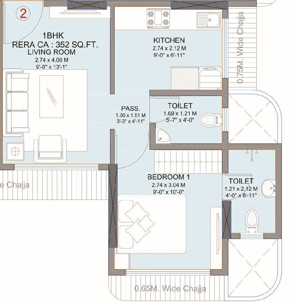 Floor plan of 1 BHK 352 Sq. Ft. Apartment in Shraddha Prominent, Mumbai