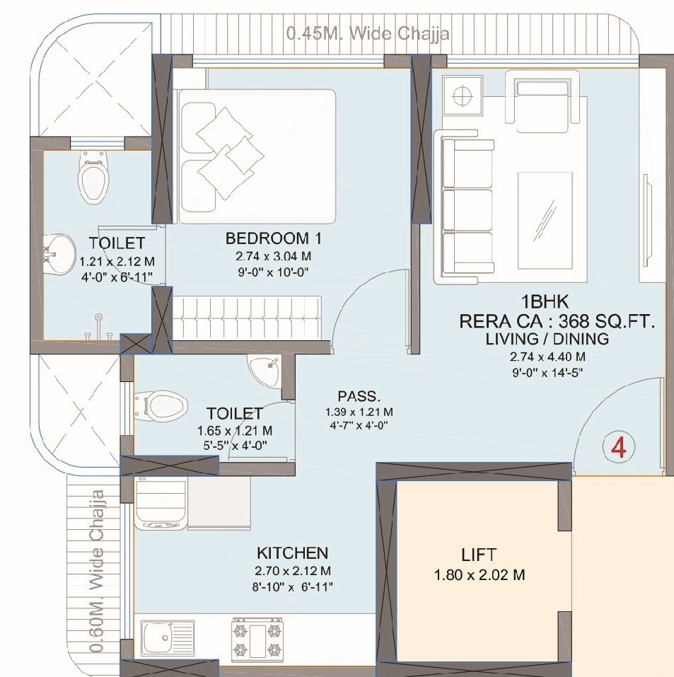 Floor plan of 1 BHK 368 Sq. Ft. Apartment in Shraddha Prominent, Mumbai