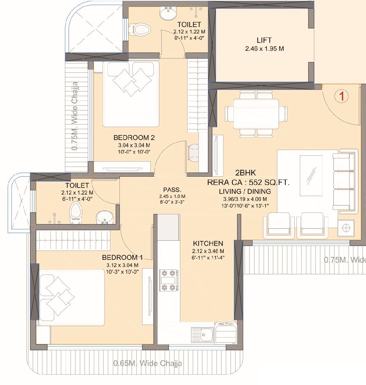 Floor plan of 2 BHK 552 Sq. Ft. Apartment in Shraddha Prominent, Mumbai