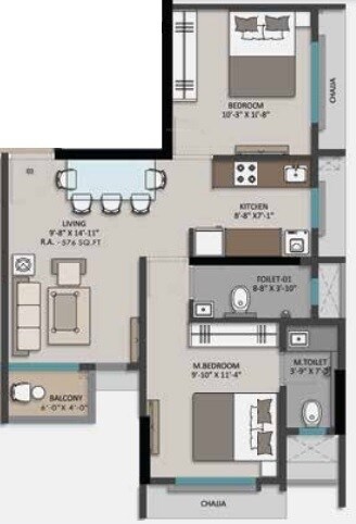 Floor plan of 2 BHK 576 Sq. Ft. Apartment in Shraddha Shivkunj, Mumbai