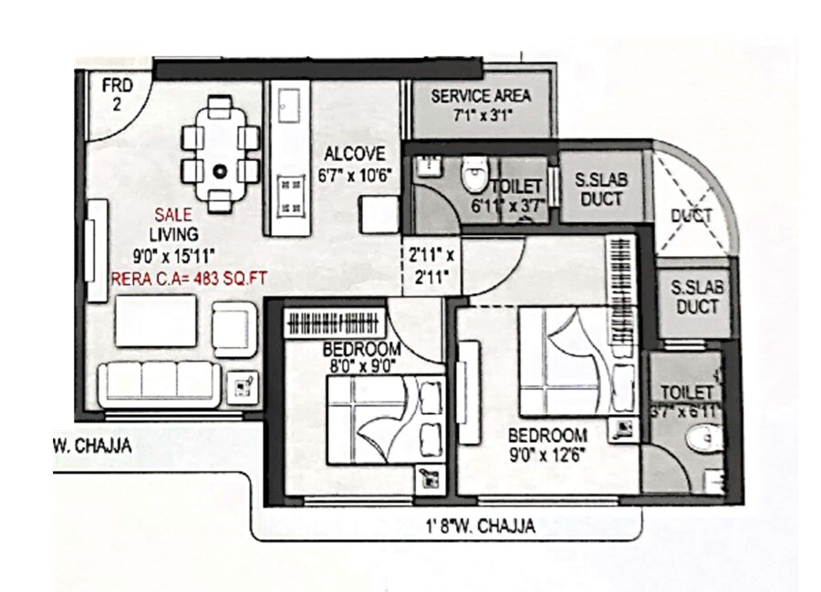 Floor plan of 2 BHK 483 Sq. Ft. Apartment in Shraddha Siddhivinayak CHS, Mumbai