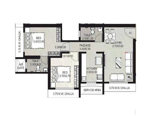 Floor plan of 2 BHK 595 Sq. Ft. Apartment in Shraddha Vardaan, Mumbai