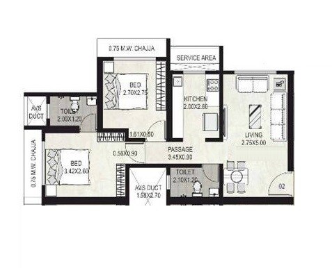 Floor plan of 2 BHK 539 Sq. Ft. Apartment in Shraddha Vardaan, Mumbai