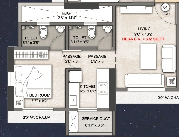 Floor plan of 1 BHK 332 Sq. Ft. Apartment in Shraddha West Residency, Mumbai