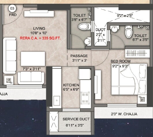 Floor plan of 1 BHK 335 Sq. Ft. Apartment in Shraddha West Residency, Mumbai