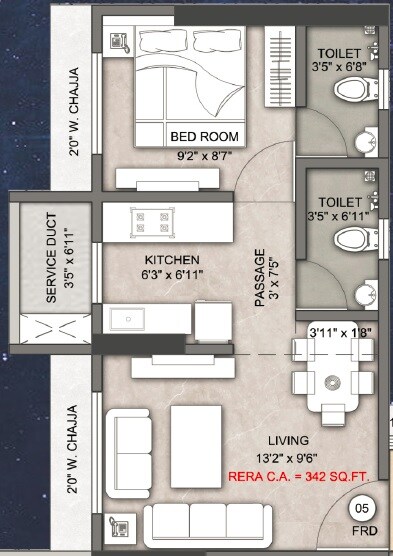 Floor plan of 1 BHK 342 Sq. Ft. Apartment in Shraddha West Residency, Mumbai