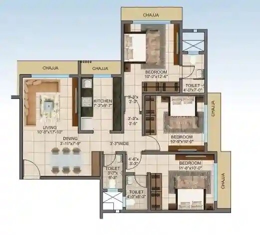 Floor plan of 3 BHK 800 Sq. Ft. Apartment in Shree Abhishek CHS, Mumbai