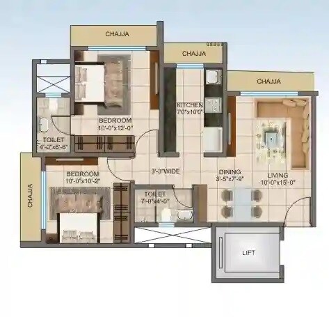 Floor plan of 2 BHK Apartment - 581 sq. ft. in Shree Abhishek Society, Mumbai