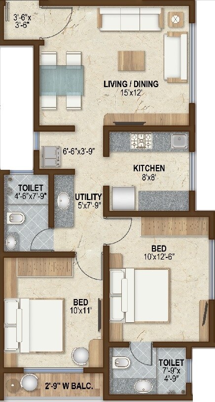 Floor plan of 2 BHK 522 Sq. Ft. Apartment in Shree Amardham, Mumbai