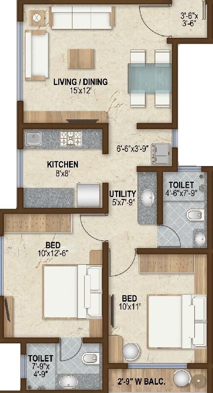 Floor plan of 2 BHK 694 Sq. Ft. Apartment in Shree Amardham, Mumbai