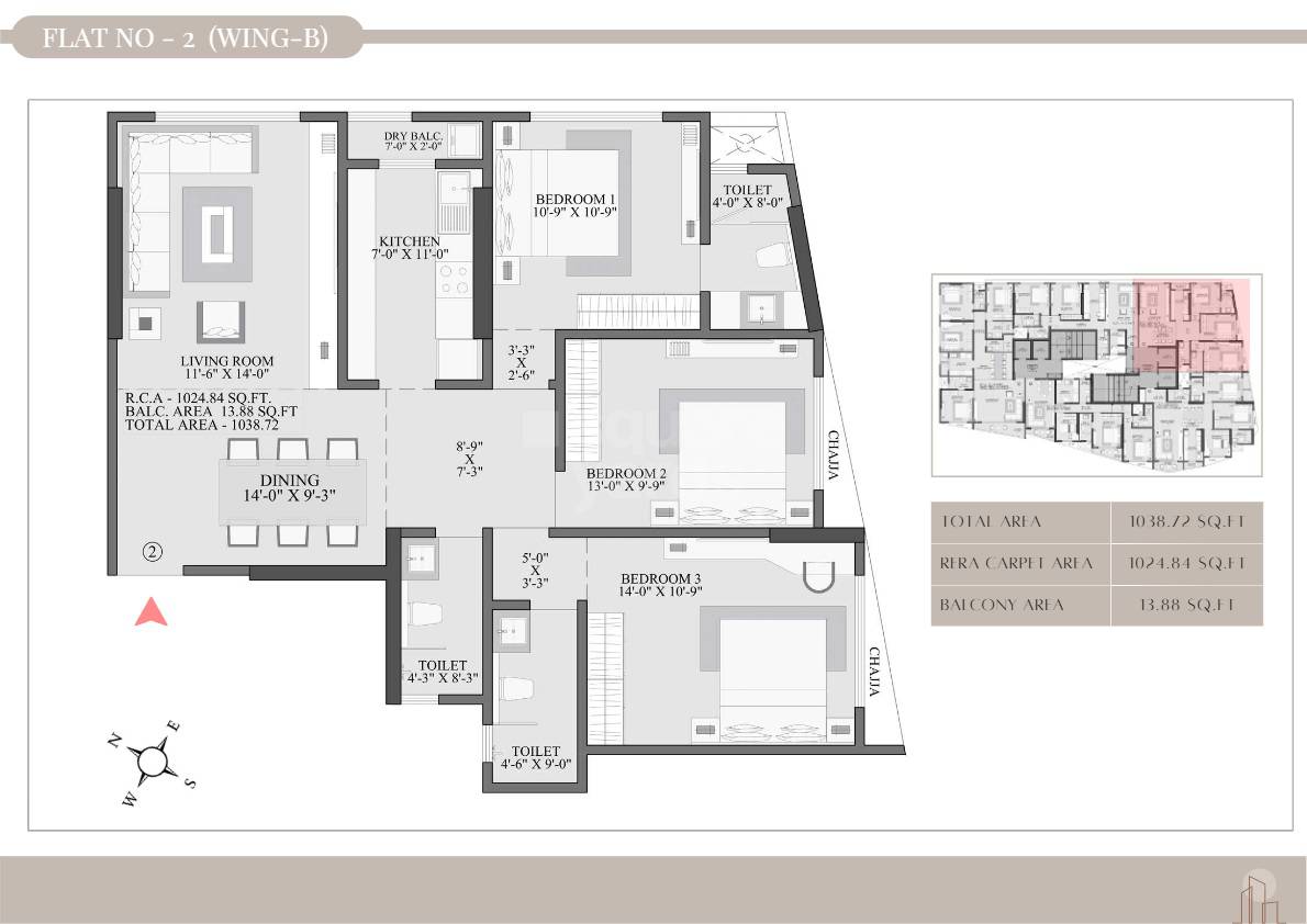 Floor plan of 3 BHK 1038 Sq. Ft. Apartment in Shree Avenue 9, Mumbai
