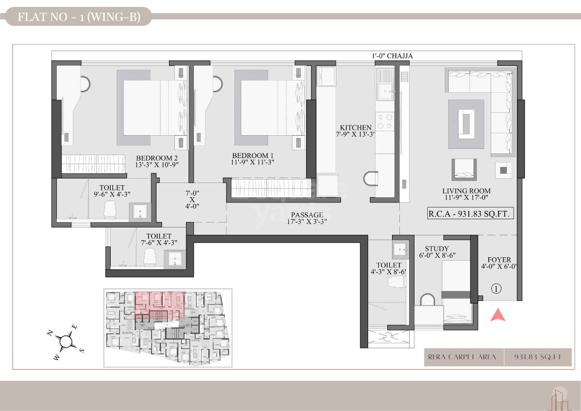 Floor plan of 3 BHK 931 Sq. Ft. Apartment in Shree Avenue 9, Mumbai
