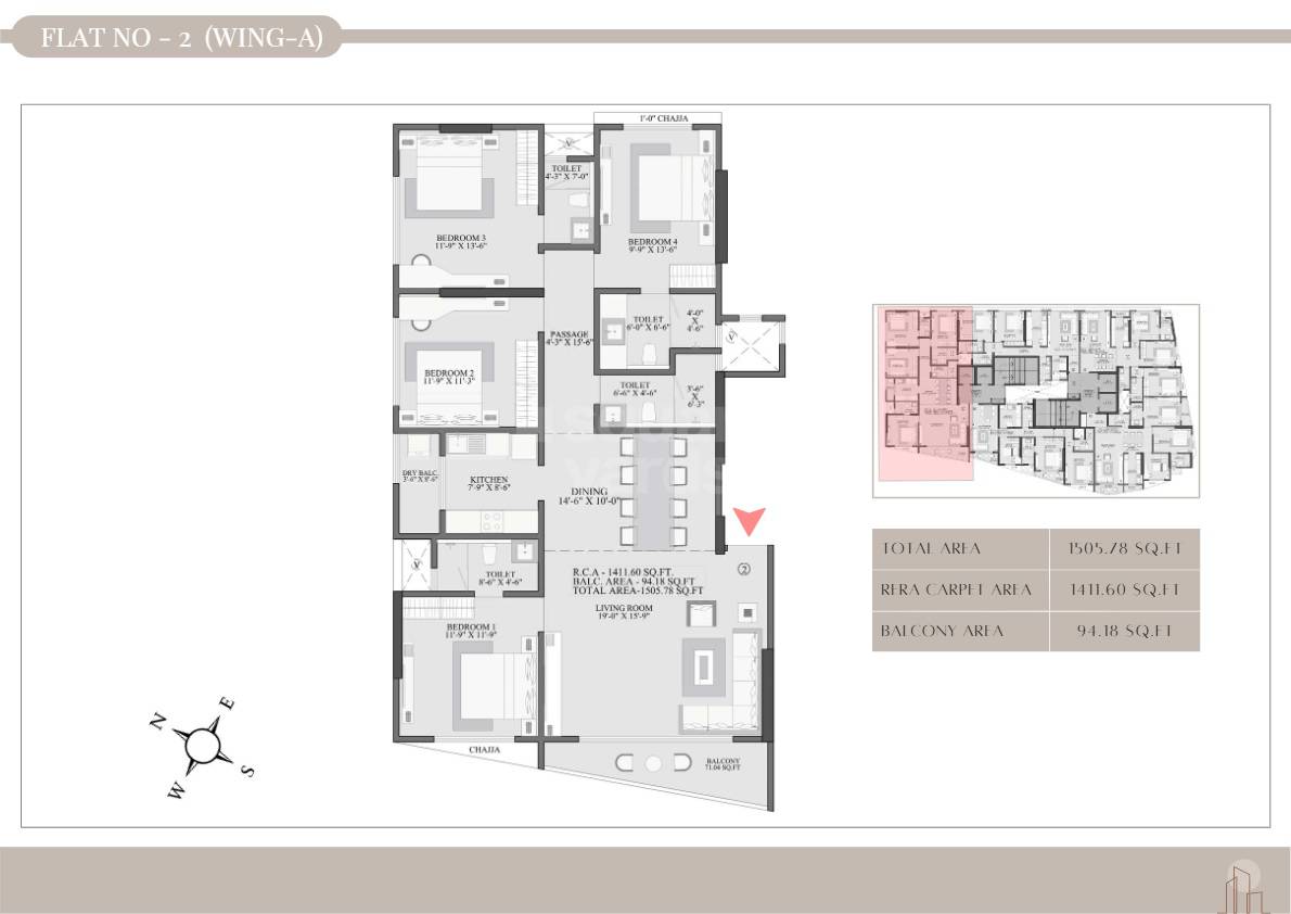 Floor plan of 4 BHK 1506 Sq. Ft. Apartment in Shree Avenue 9, Mumbai