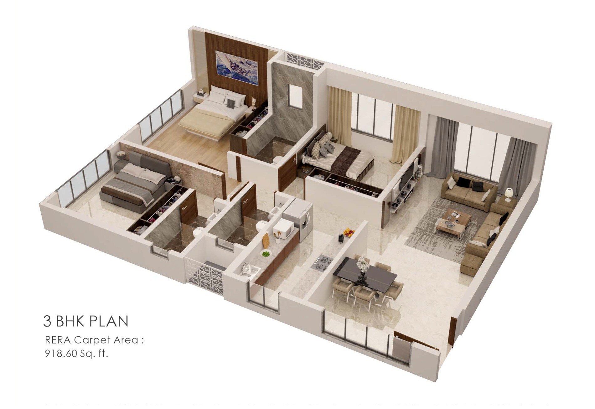 Floor plan of 3 BHK 918 Sq. Ft. Apartment in Shree Balaji Mahirr, Mumbai