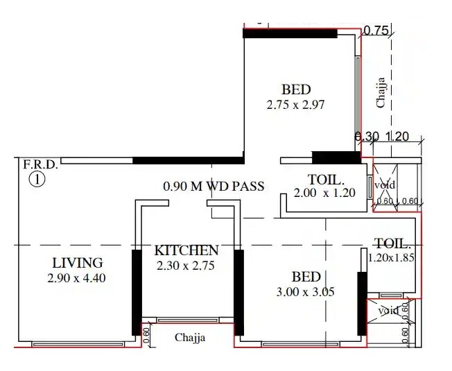 Floor plan of 2 BHK Apartment - 607 sq. ft. in Shree Bhaveshwar Heights, Mumbai