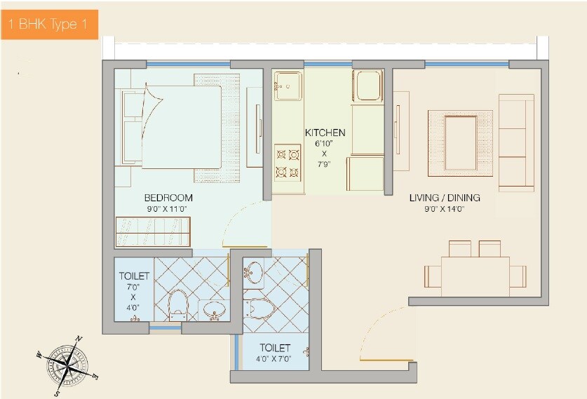 Floor plan of 1 BHK 390 Sq. Ft. Apartment in Shree Dadamaharaj Heights, Mumbai