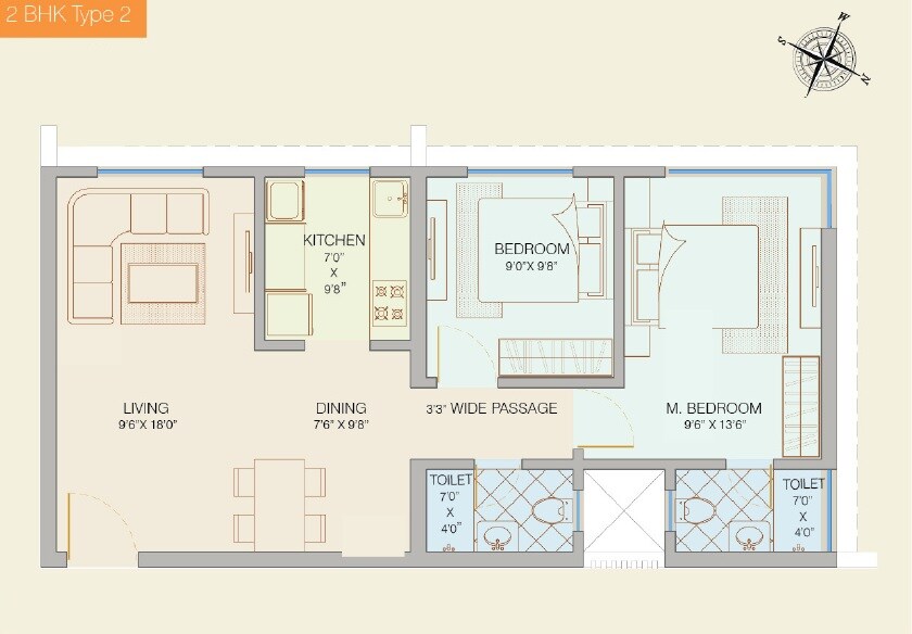 Floor plan of 2 BHK 870 Sq. Ft. Apartment in Shree Dadamaharaj Heights, Mumbai