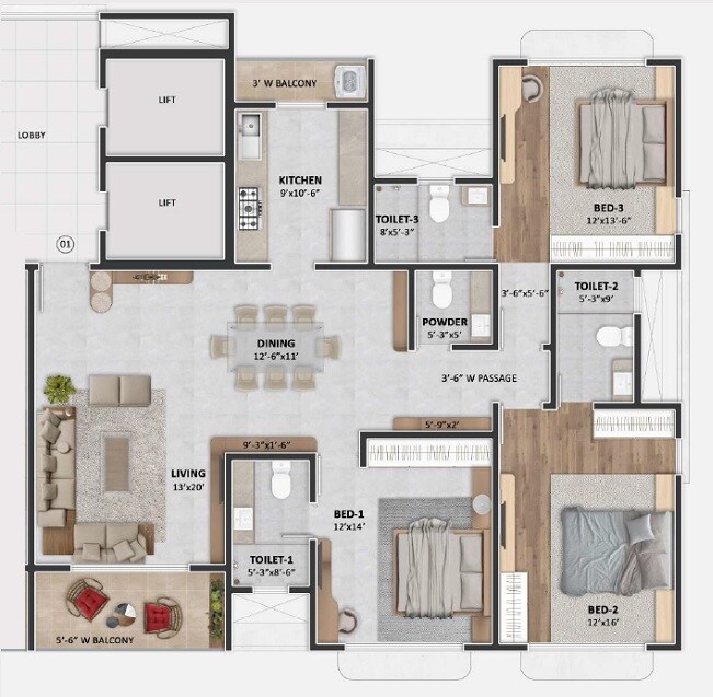 Floor plan of 3 BHK 1341 Sq. Ft. Apartment in Shree Estella, Mumbai
