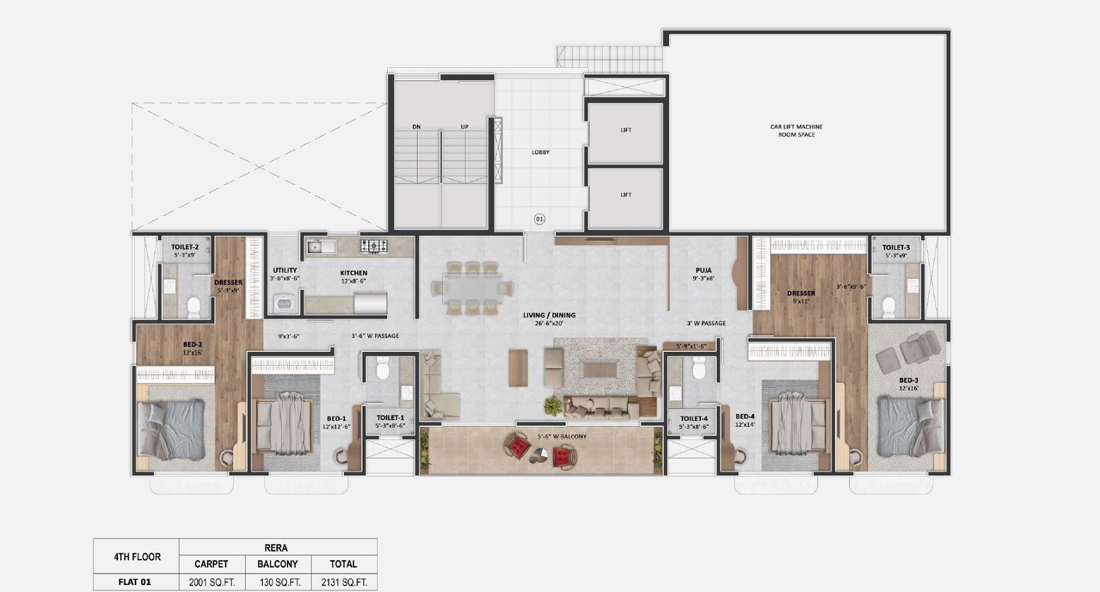 Floor plan of 4 BHK 2001 Sq. Ft. Apartment in Shree Estella, Mumbai