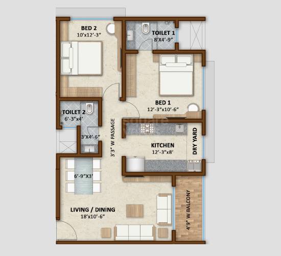 Floor plan of 2 BHK 642 Sq. Ft. Apartment in Shree Guru Ashish, Mumbai