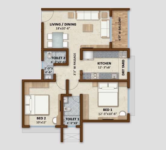 Floor plan of 2 BHK 764 Sq. Ft. Apartment in Shree Guru Ashish, Mumbai